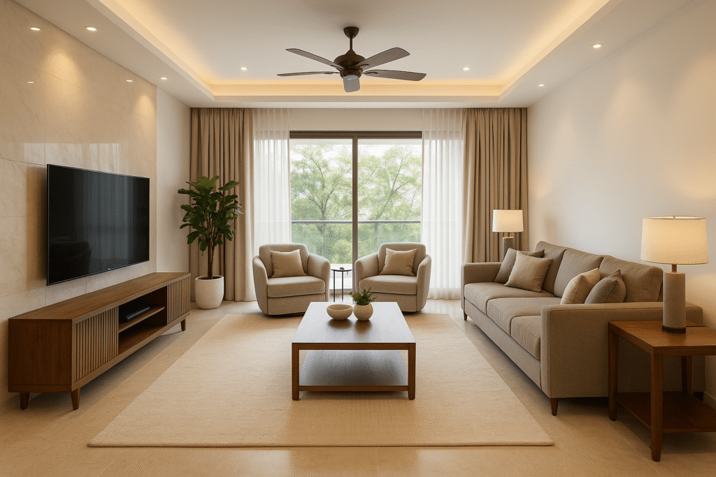 Spacious living room designed by top interior designers in Chennai